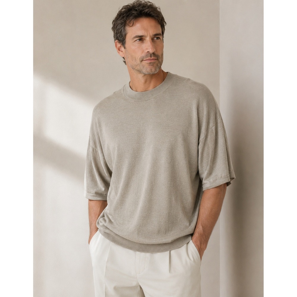 Pronto Uomo Mens XL Short Sleeve Knit Sweater Taupe Beige Crew Neck Relaxed Fit